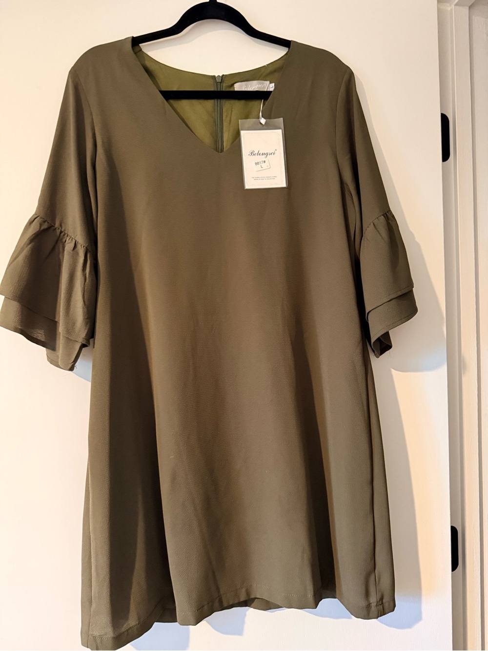 Belongié Olive Midi Dress with Ruffle Sleeves